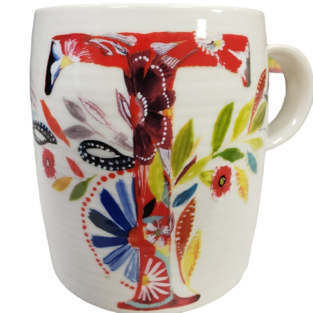 Anthropologie Petal Palette Cup Mug Monogram Letter T Mug Floral